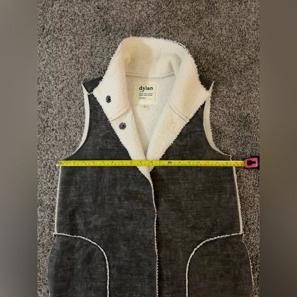 Dylan Los Angeles faux fur shearling lined long vest with pockets in dark grey. - Picture 12 of 16